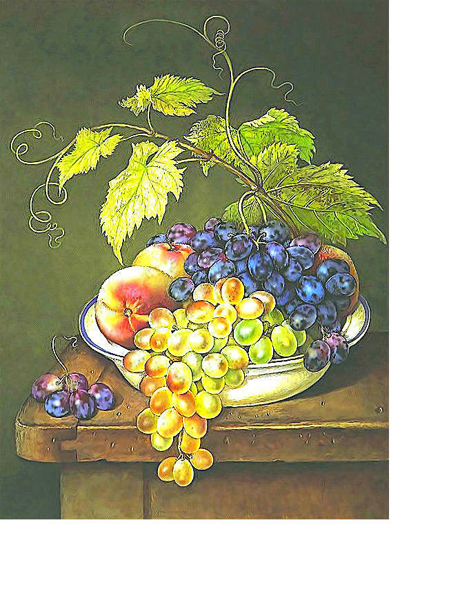 Натюрморт - персики, фрукты, виноград - оригинал