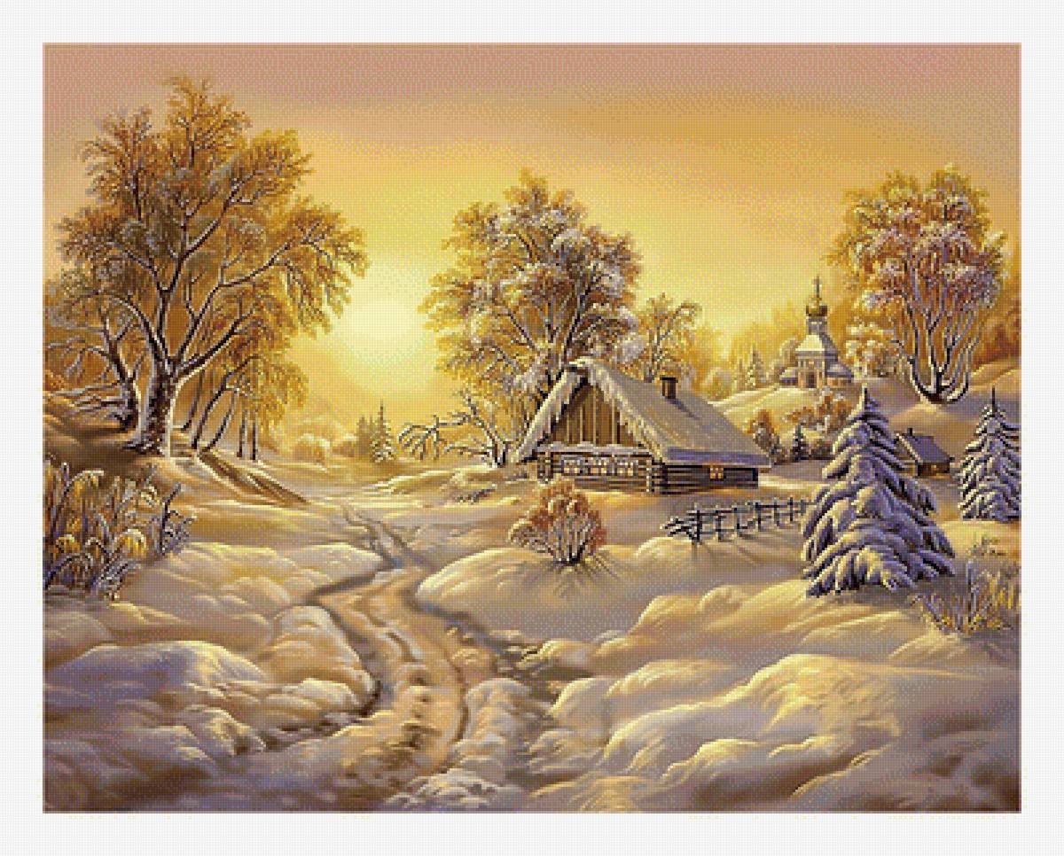 Зимний закат. - снег, лес, дом, пейзаж, живопись, зима - предпросмотр
