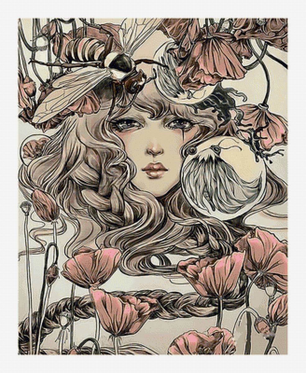 Девушка и маки. - рисунок, маки, пчелы, девушка, цветы, образ - предпросмотр