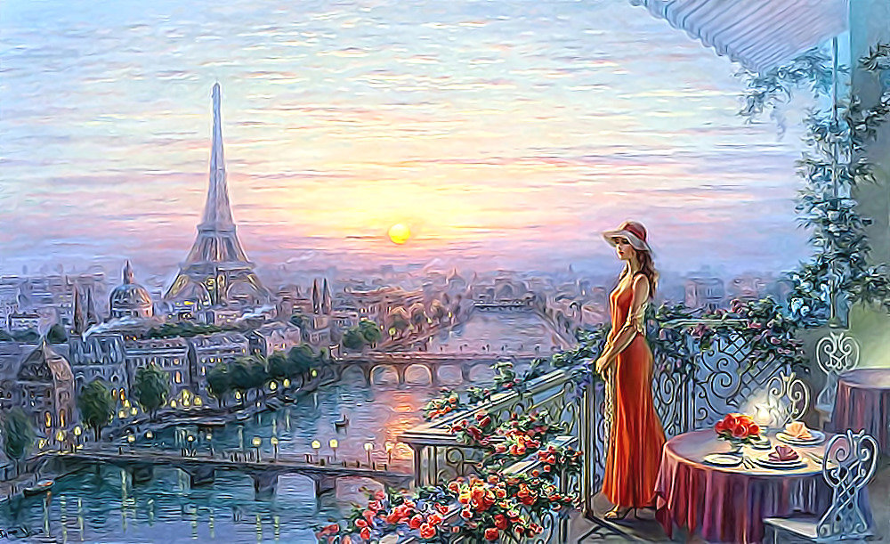 Париж - река, париж, девушка, закат, франция, мост - оригинал