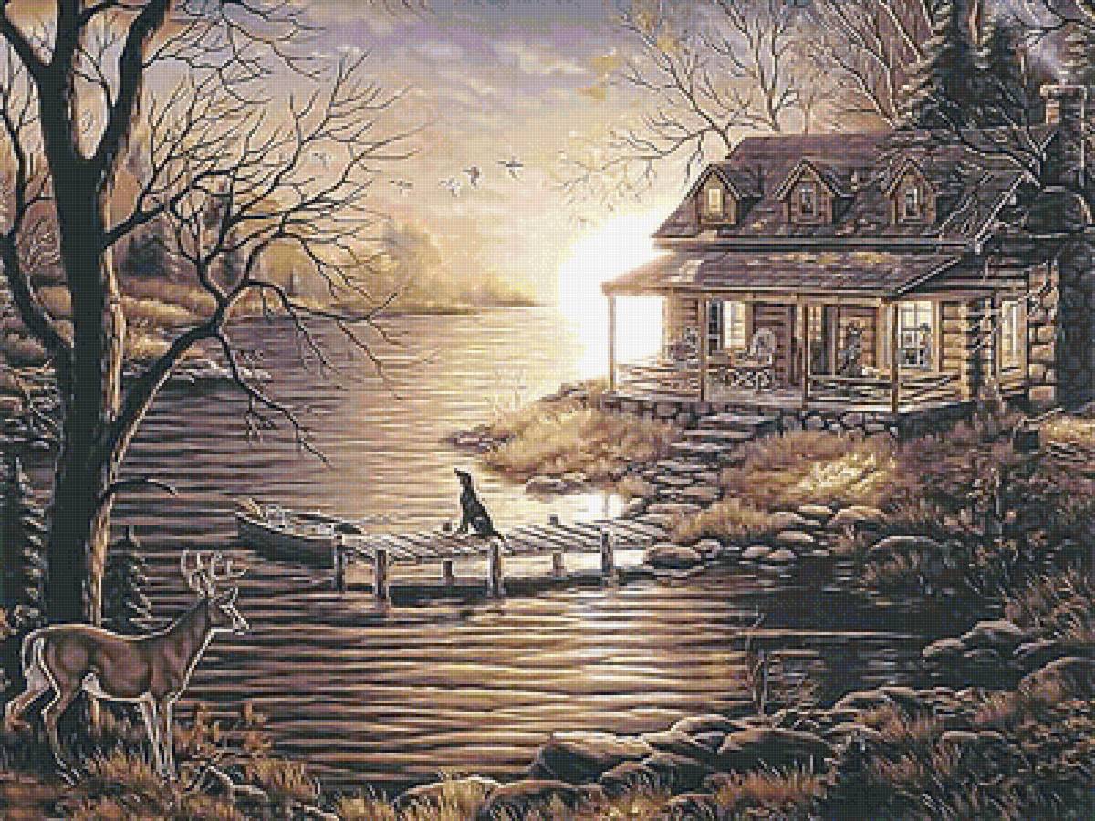 №2076951 - олень, домик, вечер, лодка, закат, деревья, река - предпросмотр