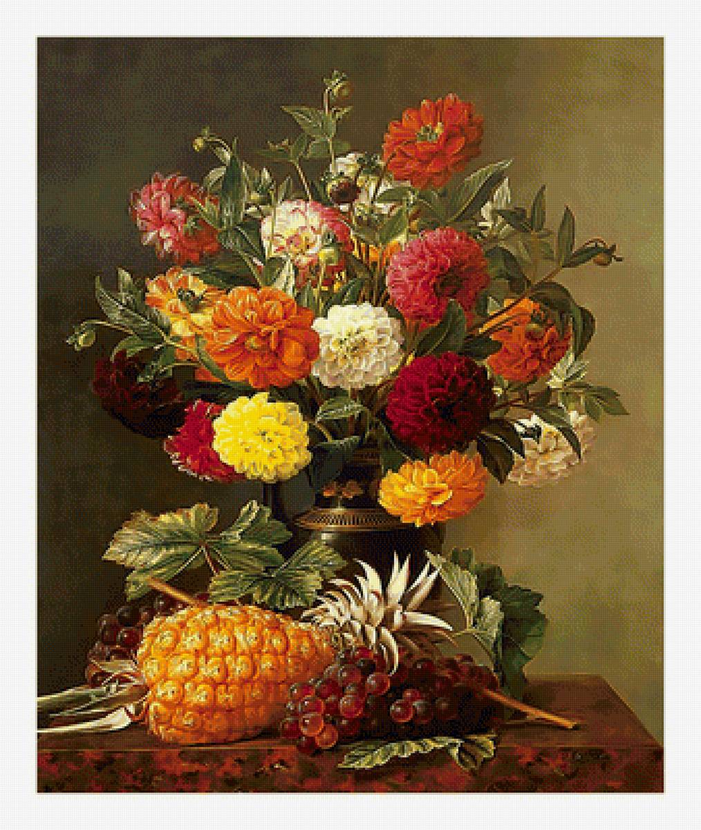 Цветочный натюрморт. - натюрморт, живопись, виноград, цветы, фрукты, ананас, букет - предпросмотр