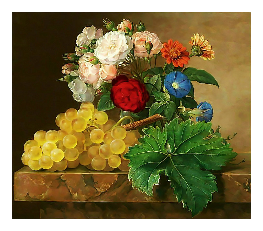 Натюрморт с виноградом. - виноград, фрукты, цветы, живопись, букет, натюрморт, ягоды - оригинал