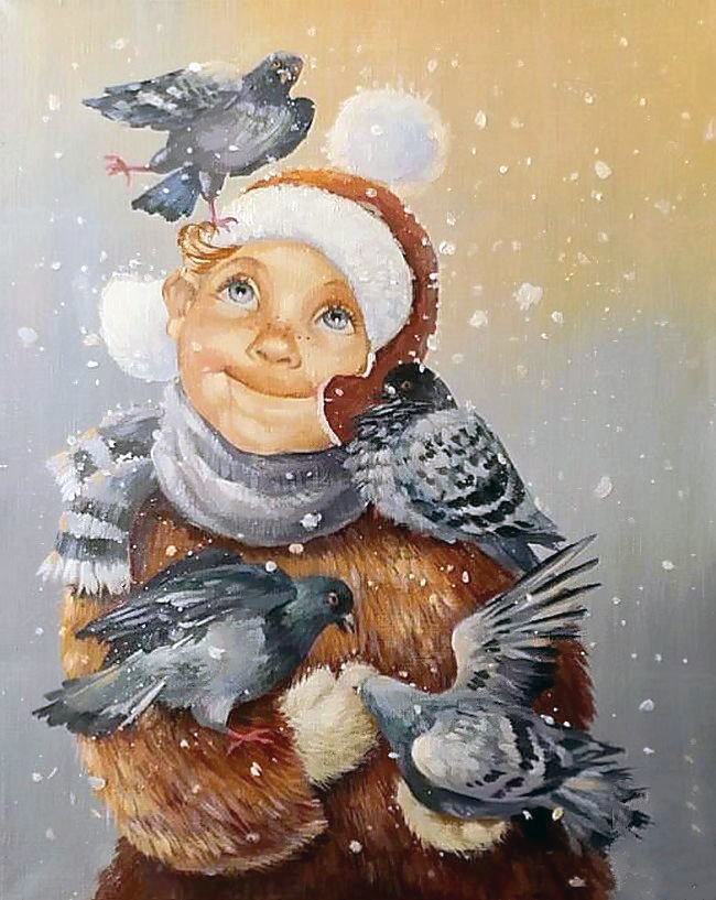 Мальчик и голуби - мальчик, голуби, снег, птицы, зима - оригинал