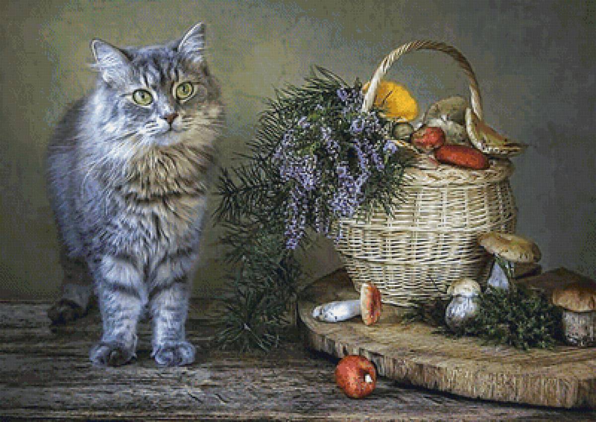 №2078764 - натюрморт, грибы, корзина, кот - предпросмотр