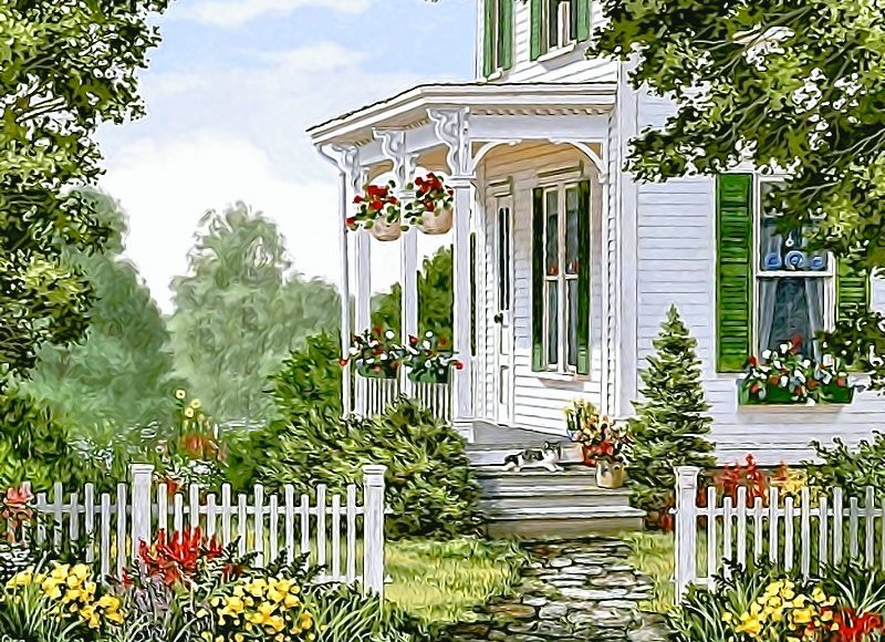№2078804 - цветы, забор, крыльцо, деревья, дом - оригинал