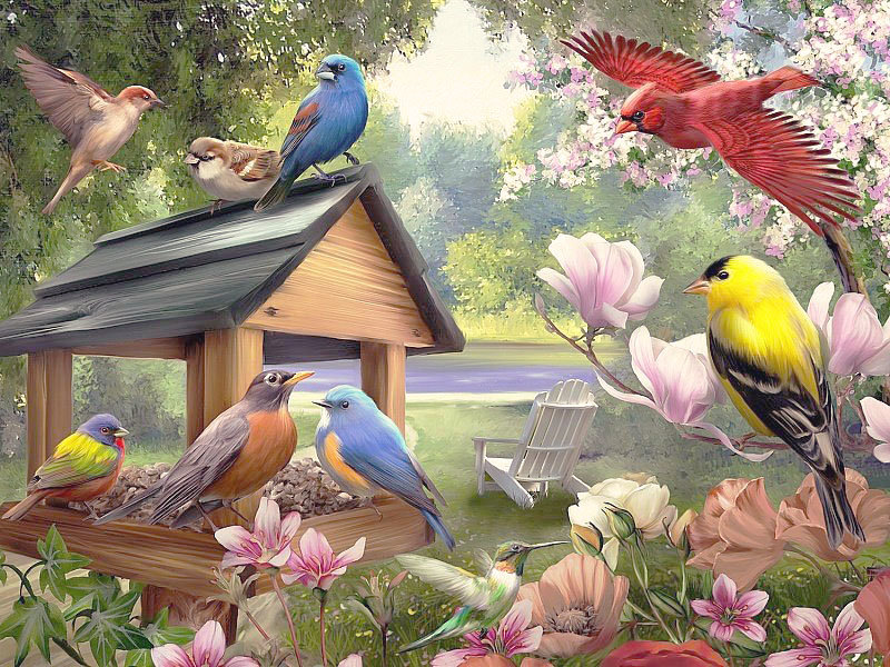 Птицы у кормушки - птицы, цветы, лето, кормушка - оригинал