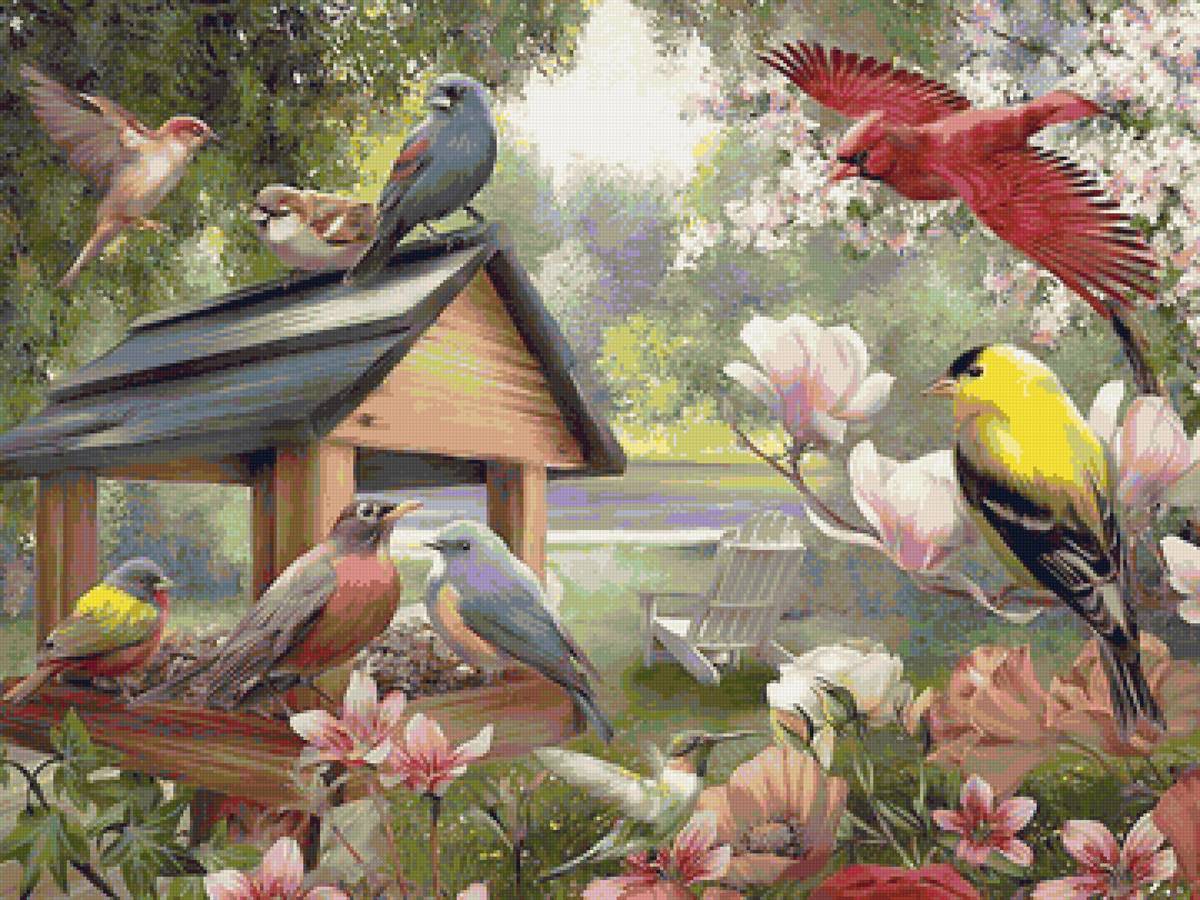 Птицы у кормушки - цветы, лето, кормушка, птицы - предпросмотр