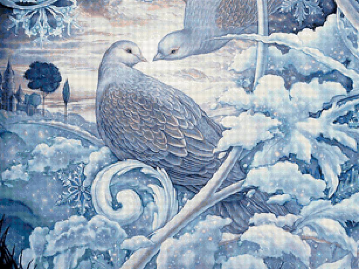 Голубиная нежность - узоры, птицы, вяхири, голуби, зима - предпросмотр