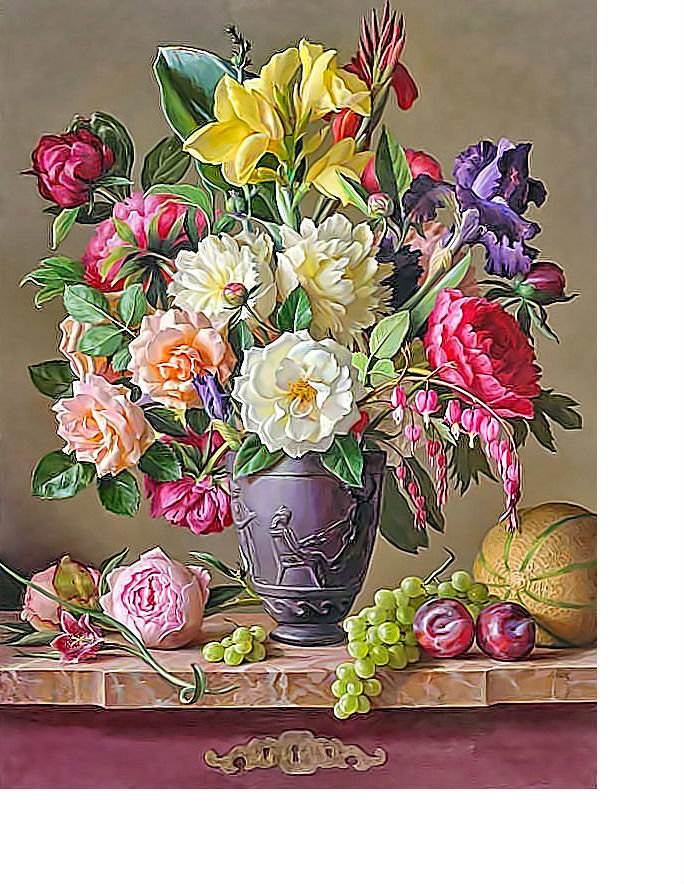 Натюрморт - розы, сливы, пионы, цветы, дыня, виноград - оригинал