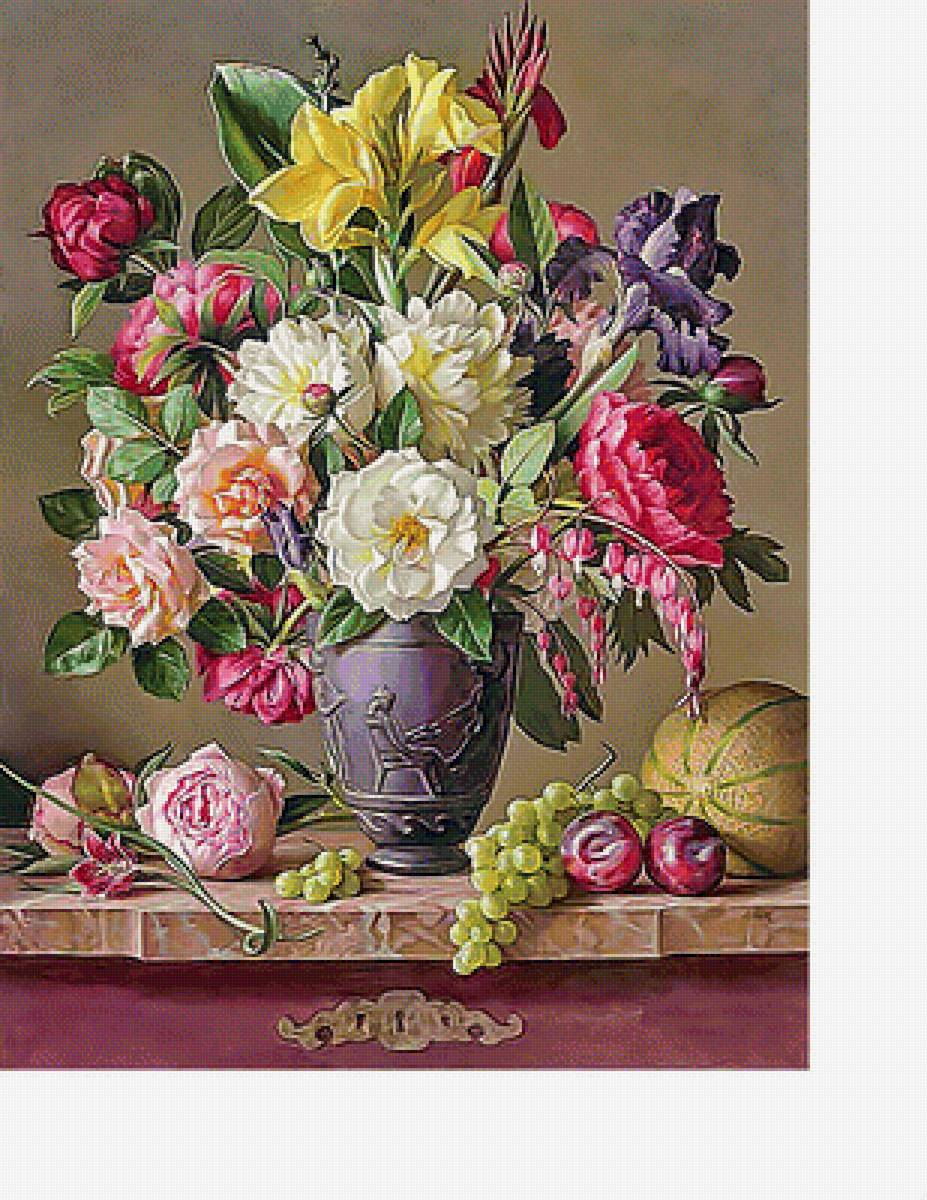 Натюрморт - розы, сливы, виноград, дыня, цветы, пионы - предпросмотр