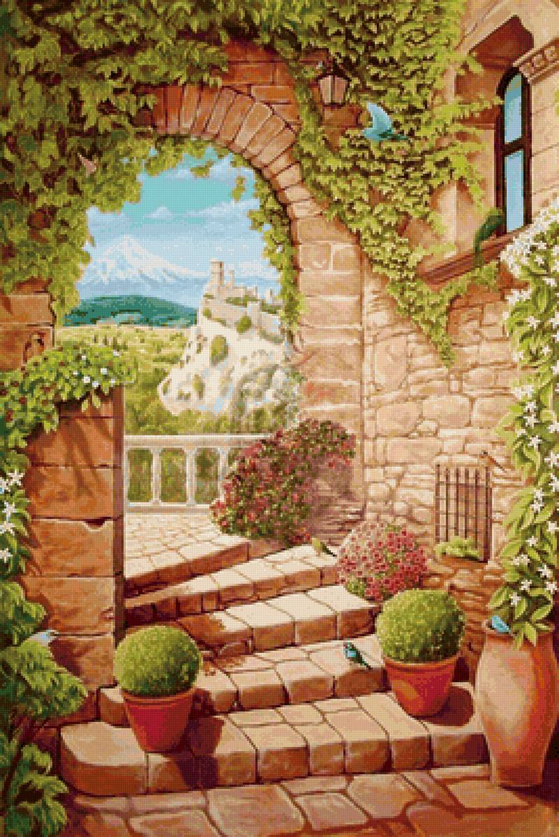 Дворик - лестница, цветы, дворик, природа - предпросмотр