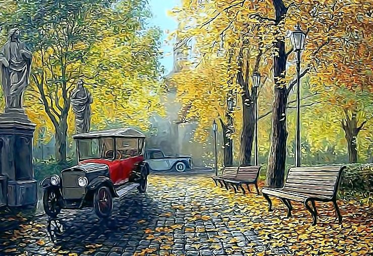 Осенний парк - осень, машина, фонари, алея, парк, лавочка - оригинал