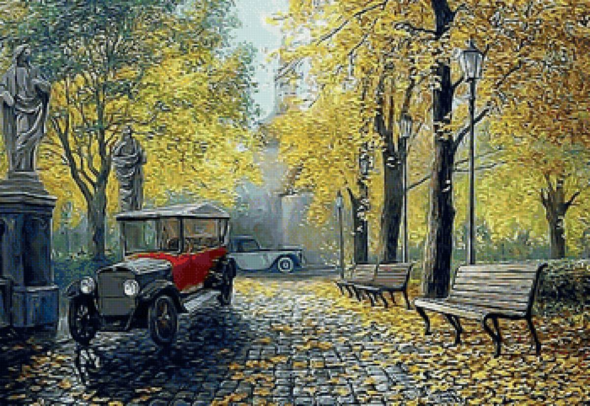 Осенний парк - осень, машина, лавочка, фонари, парк, алея - предпросмотр