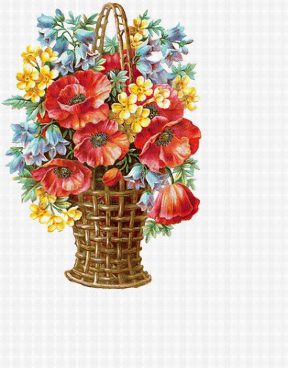 Винтажные цветы - маки, букет, цветы, цветы в корзине, колокольчики - предпросмотр