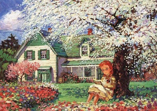 досуг - аниме, домик, чтение книг, цветение - оригинал