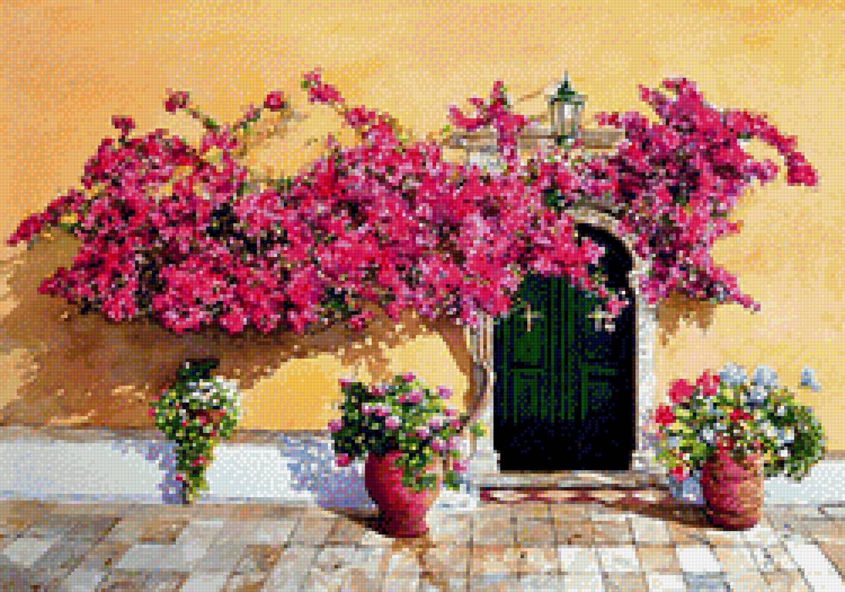 Цветы во дворе - дверь, цветы - предпросмотр