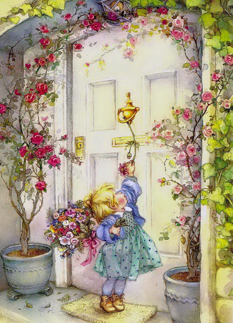 Девочка с букетом - девочка, цвет, дверь - оригинал