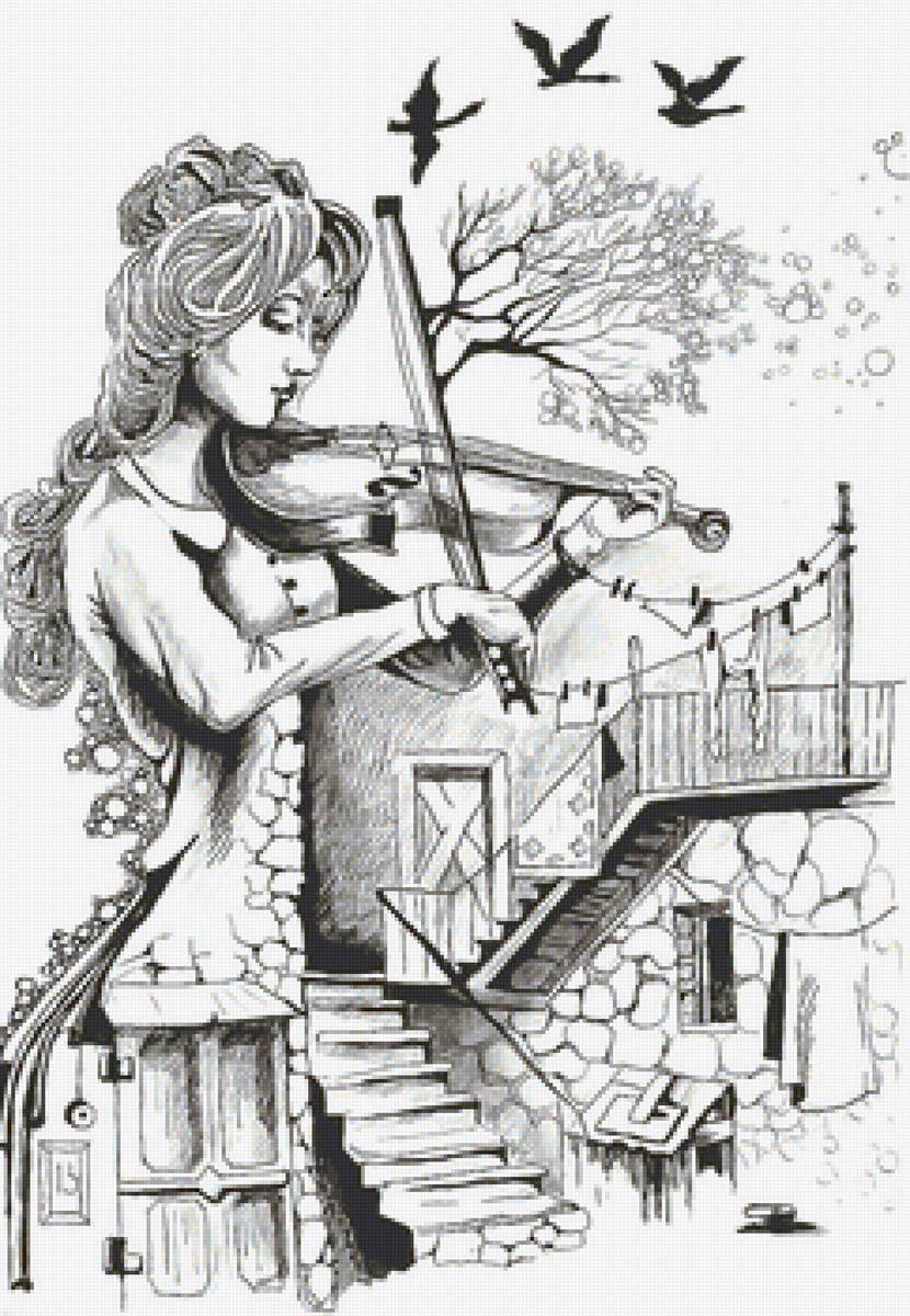 Скрипачка - рисунок, скрипачка, графика, девушка, скрипка, фэнтези, лестница - предпросмотр