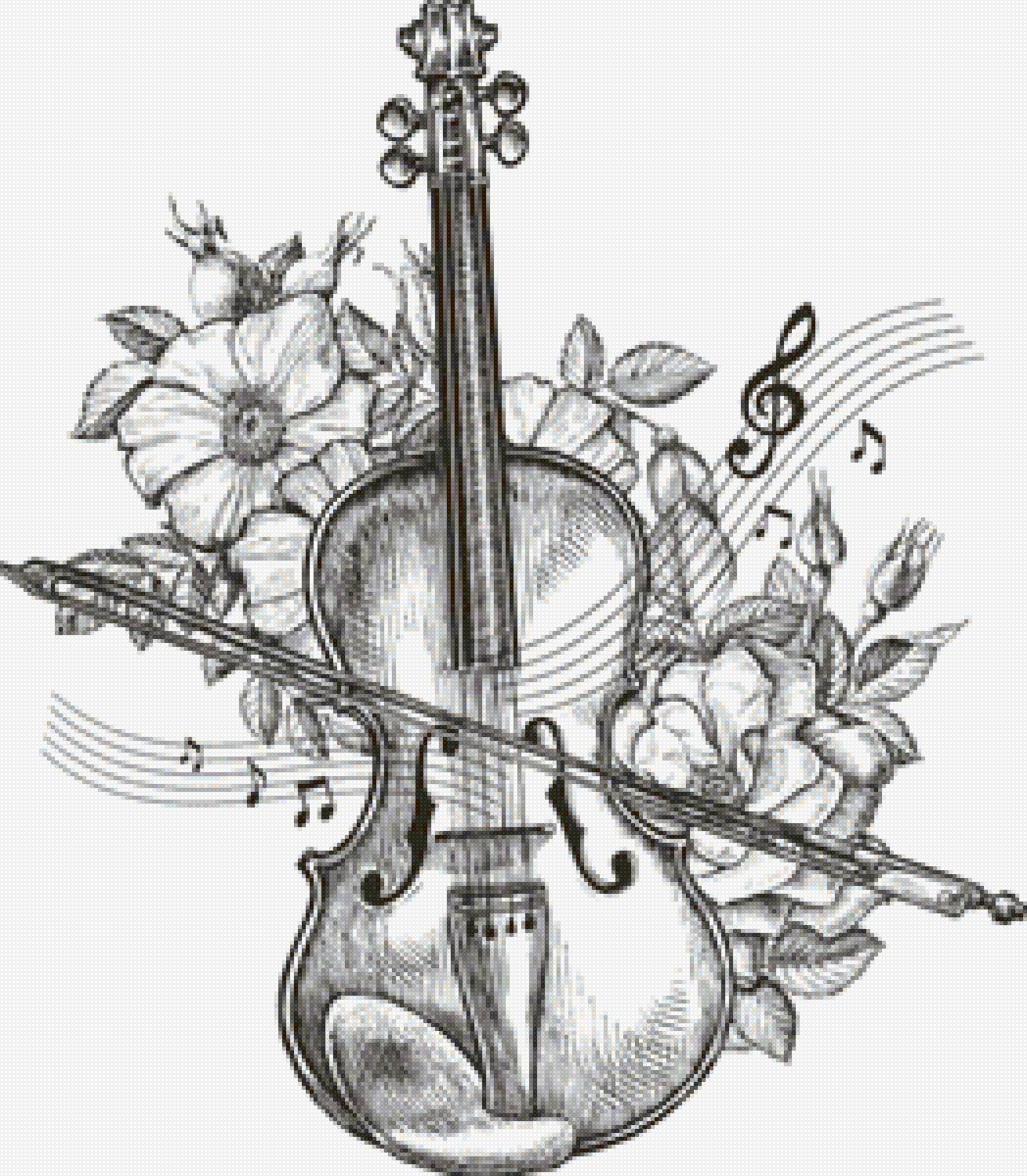 Скрипка - графика, скрипка, цветы, рисунок карандашом - предпросмотр