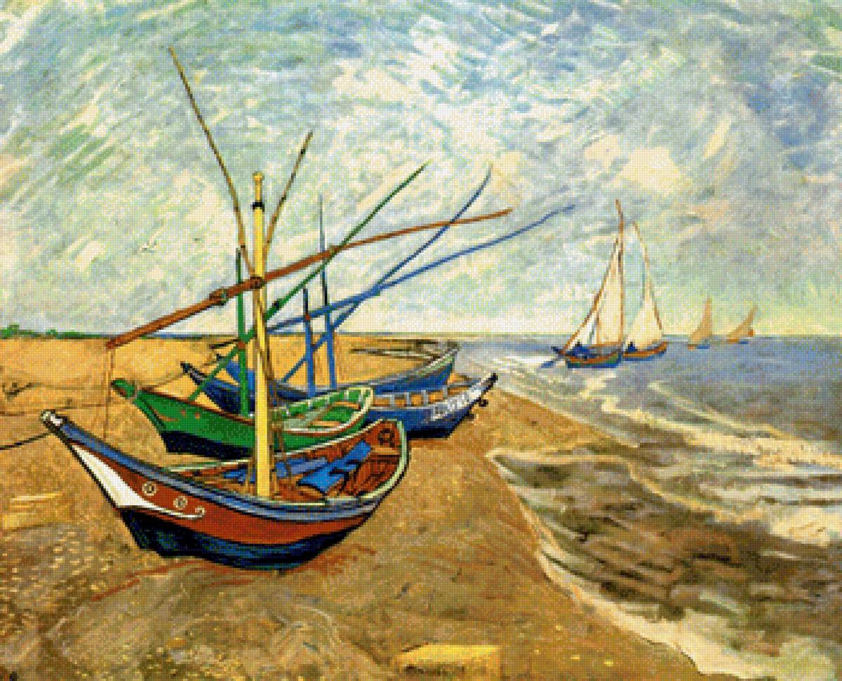 Рыбацкие лодки на берегу в Сен-Мари, Ван Гог - ван гог, живопись, пейзаж, море, лодки - предпросмотр