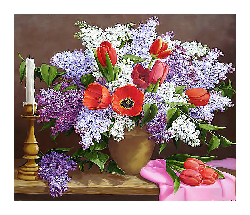 Сирень и тюльпаны. - сирень, цветы, тюльпаны, свеча, живопись, букет - оригинал