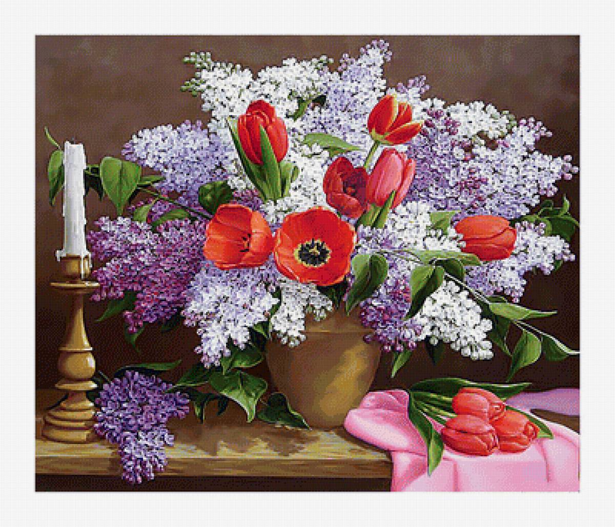 Сирень и тюльпаны. - живопись, свеча, сирень, тюльпаны, цветы, букет - предпросмотр