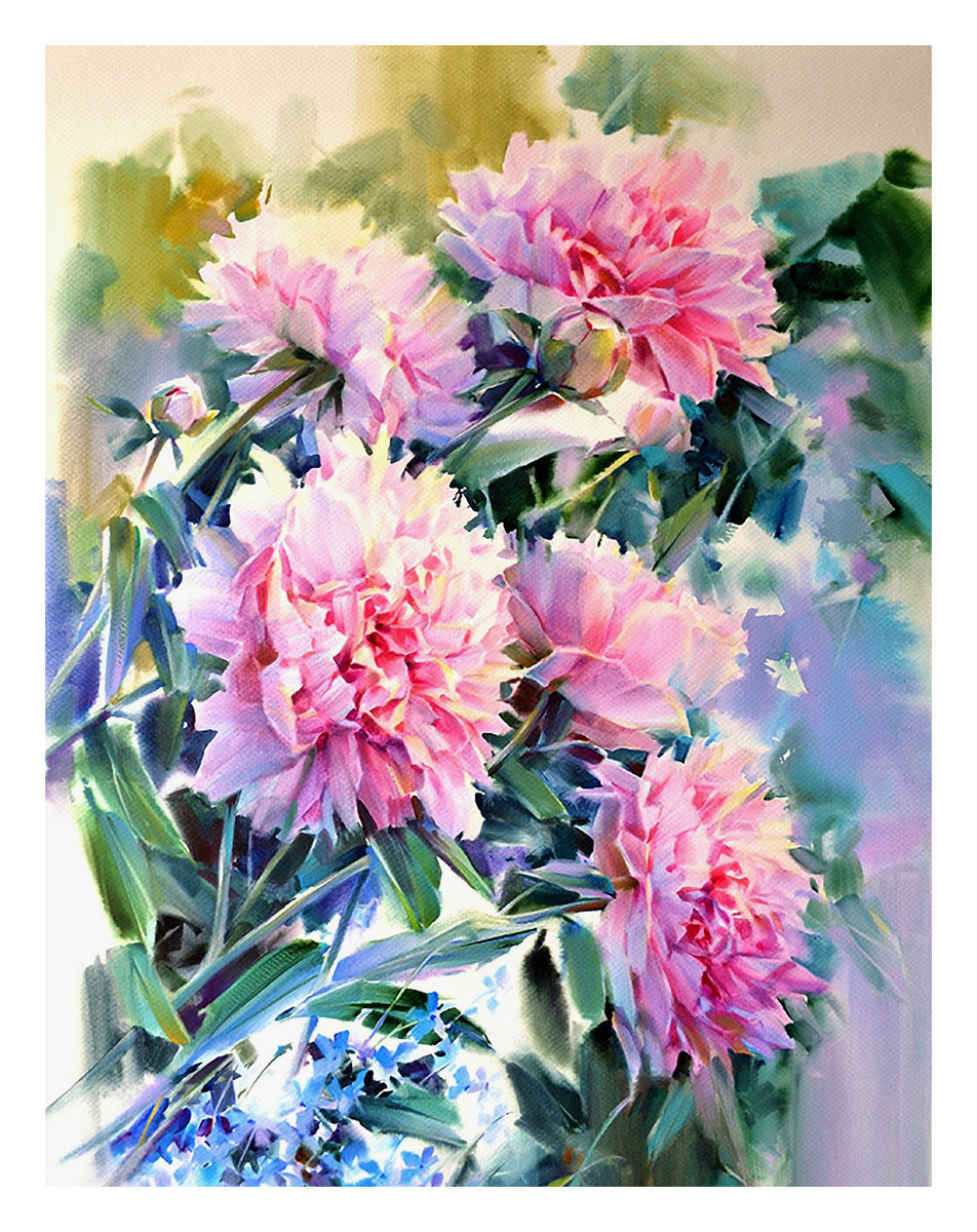 Акварельные пионы - акварель, живопись, цветы, букет, пионы - оригинал