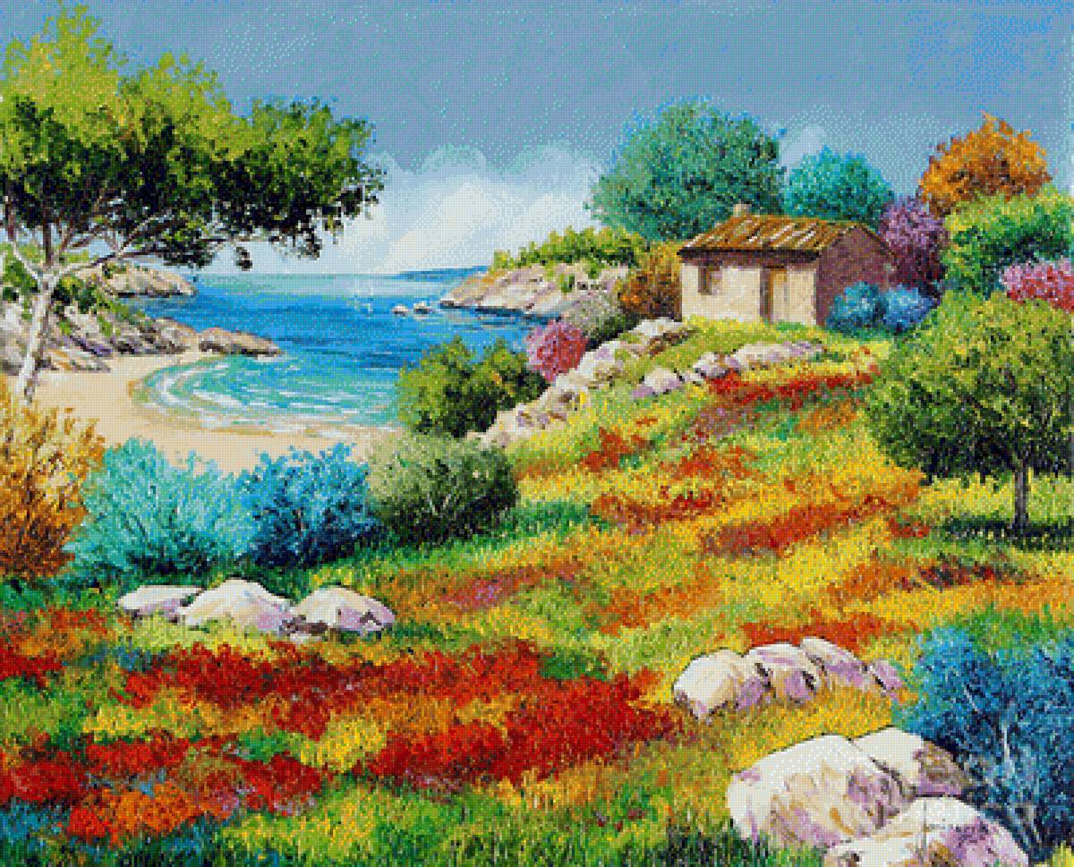 Домик у моря - живопись, море, домик, пейзаж - предпросмотр