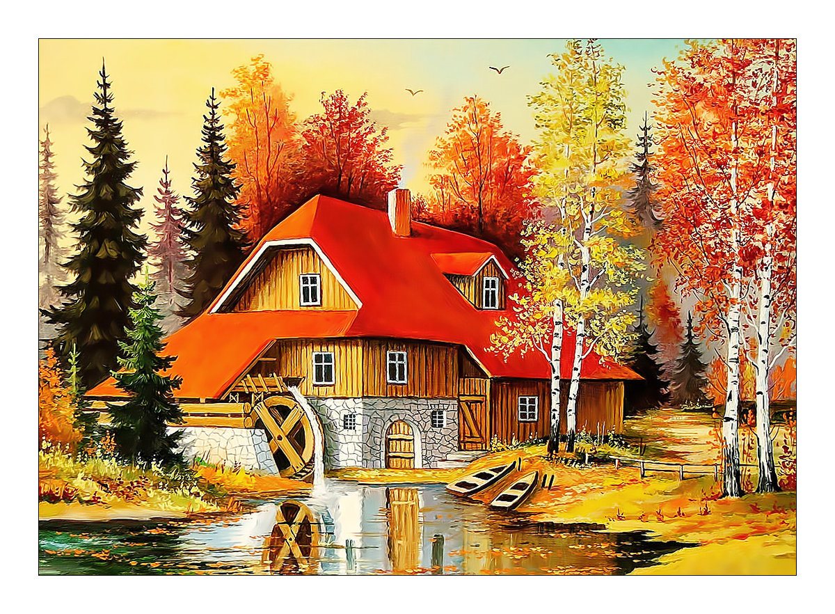 Пейзаж с мельницей. - домик, березы, осень, живопись, мельница, река, пейзаж - оригинал