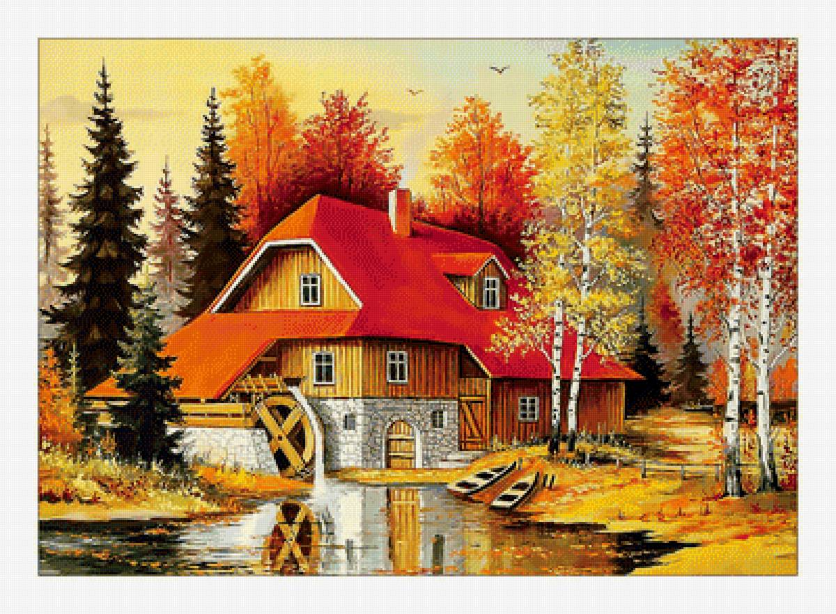 Пейзаж с мельницей. - мельница, осень, домик, живопись, березы, река, пейзаж - предпросмотр