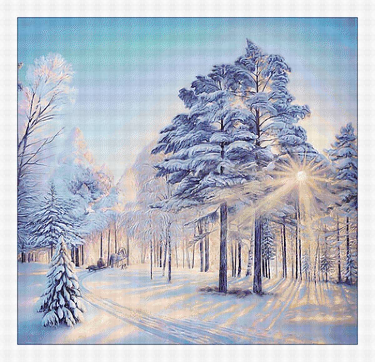 Зимний пейзаж. - снег, лес, живопись, пейзаж, закат, зима, сосны - предпросмотр