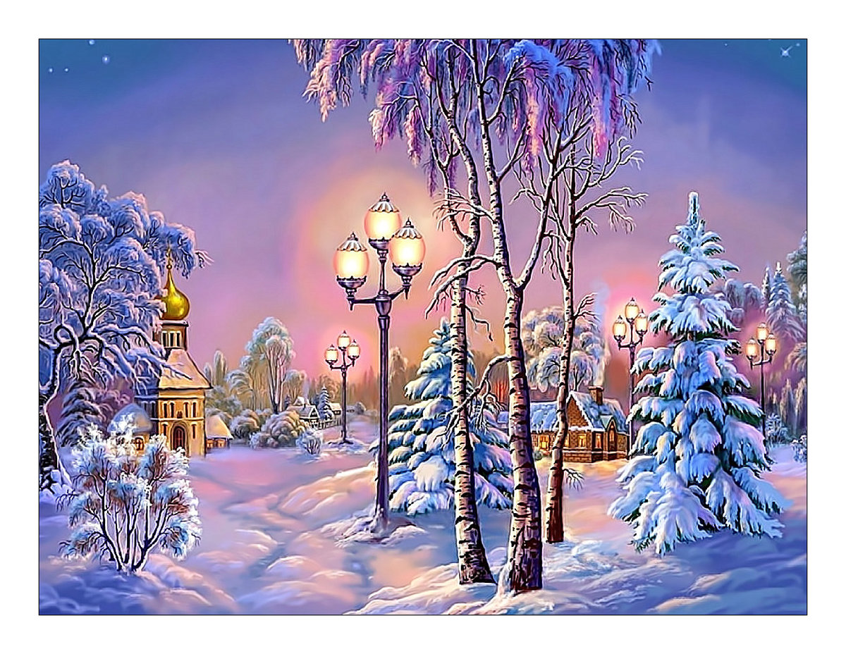 Зимний пейзаж. - зима, снег, деревня, пейзаж, церковь, живопись, вечер, фонари - оригинал