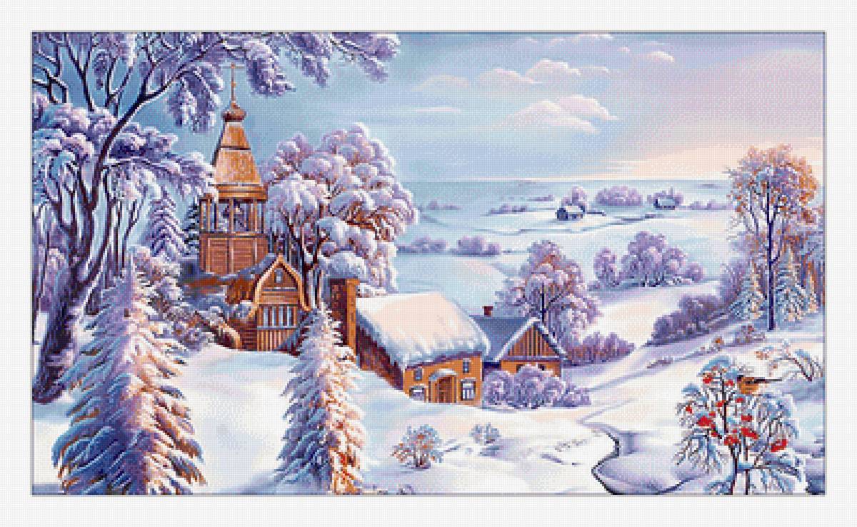 Зимний пейзаж. - природа, домик, пейзаж, снег, зима, живопись - предпросмотр