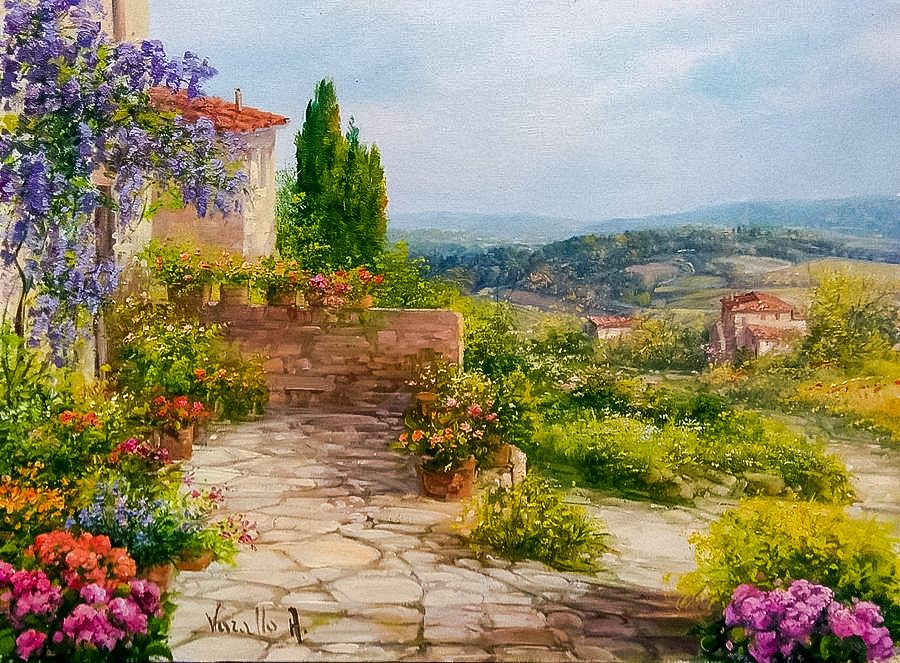 Flowering Courtyard -Tuscany. - flowers anf gardens., antonietta varallo painter.landscape - оригинал