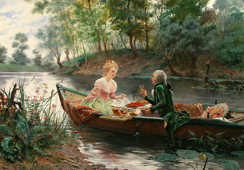 Пикник на реке - пикник, река, девушки, лодка, отдых, кавалер, дамы - оригинал