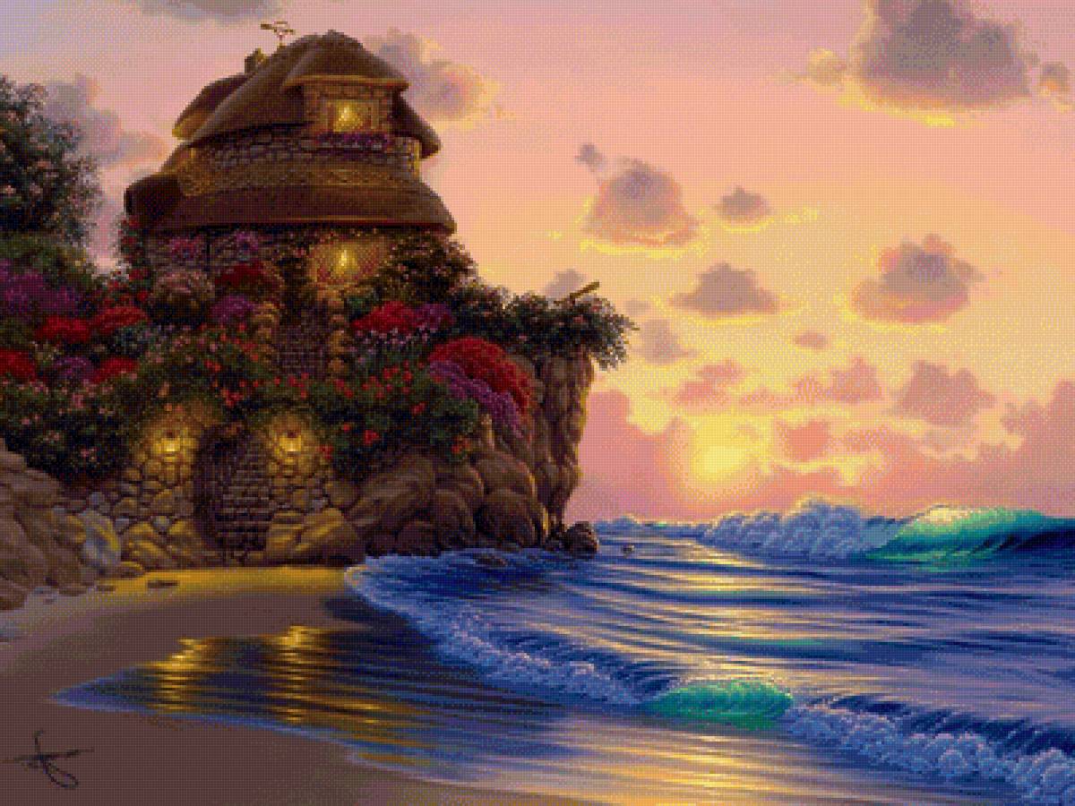 Домик у моря - иллюстрация, картина - предпросмотр