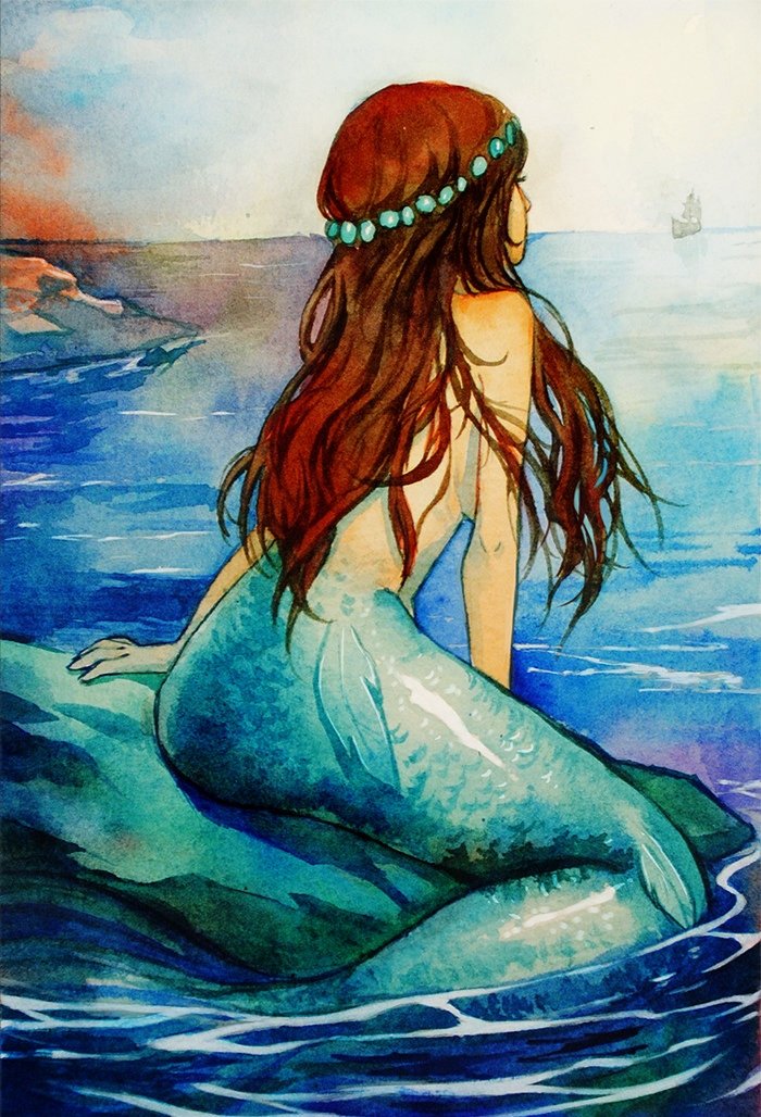 Русалка - акварель, море, русалка - оригинал