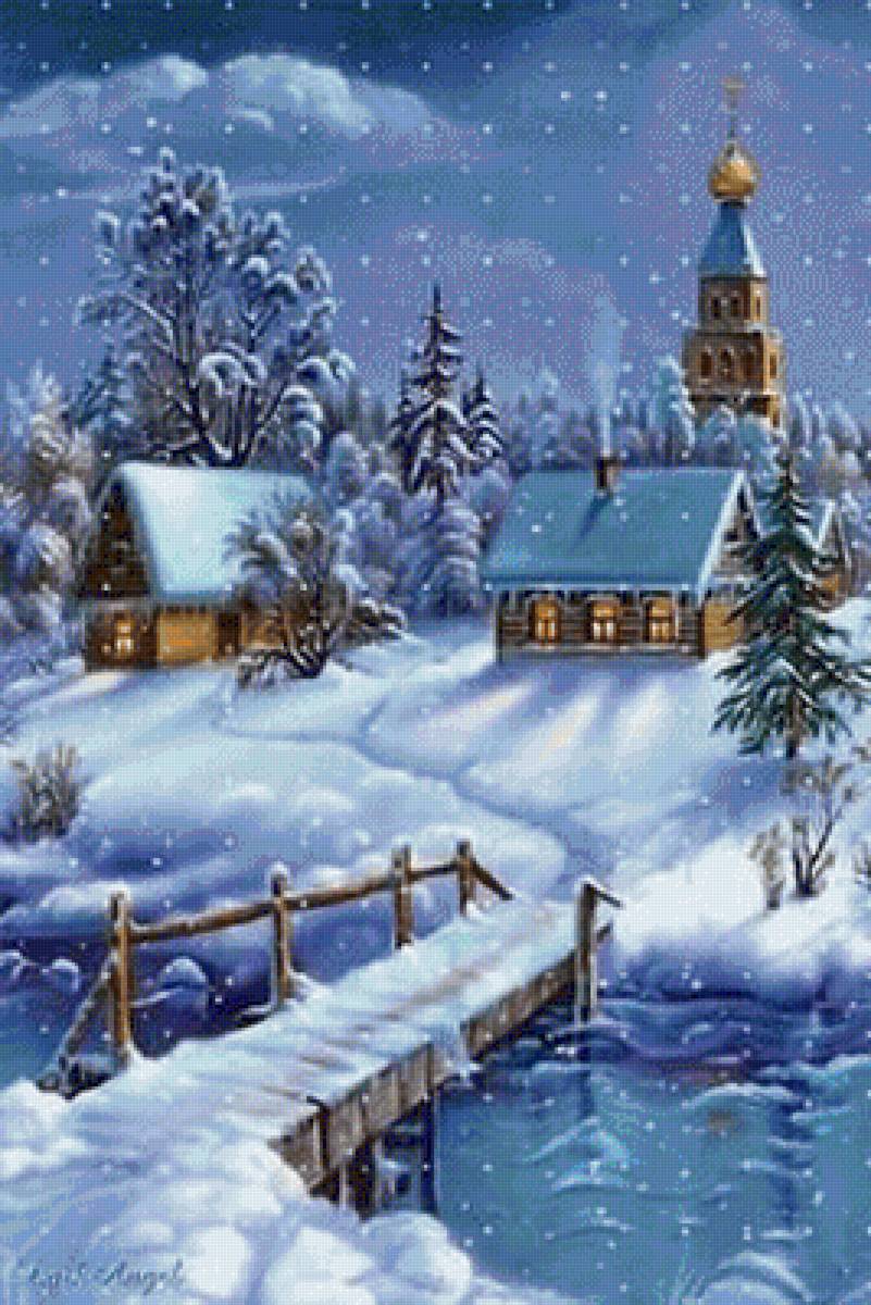 зима - снег, деревя, дом, река, сугроб - предпросмотр