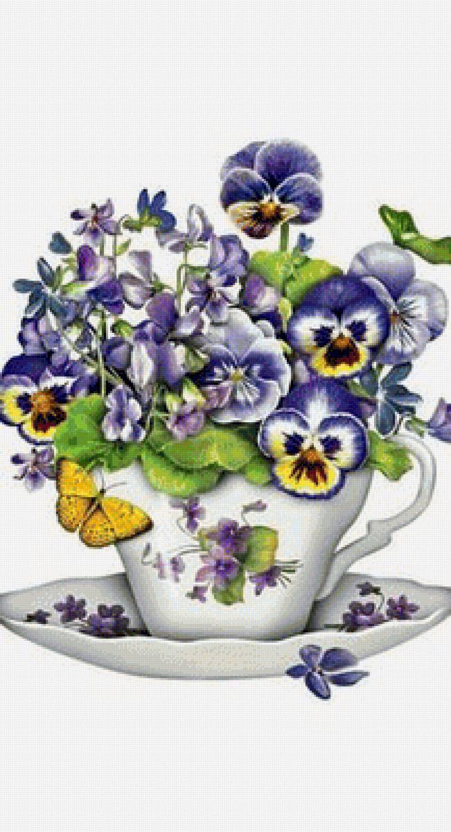букет - цветы, чашка, анютины глазки - предпросмотр
