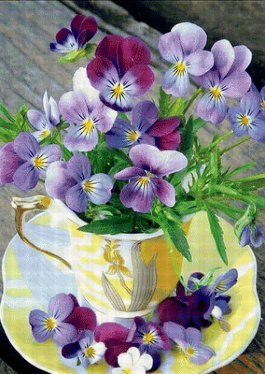 букет - цветы, чашка, анютины глазки - предпросмотр