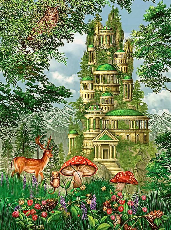 №2088176 - грибы, деревья, горы, замок, детское, олень, сова, земляника - оригинал