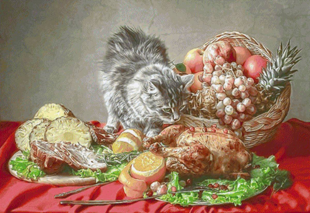 №2088177 - фрукты, корзина, кот, мясо, виноград, натюрморт - предпросмотр