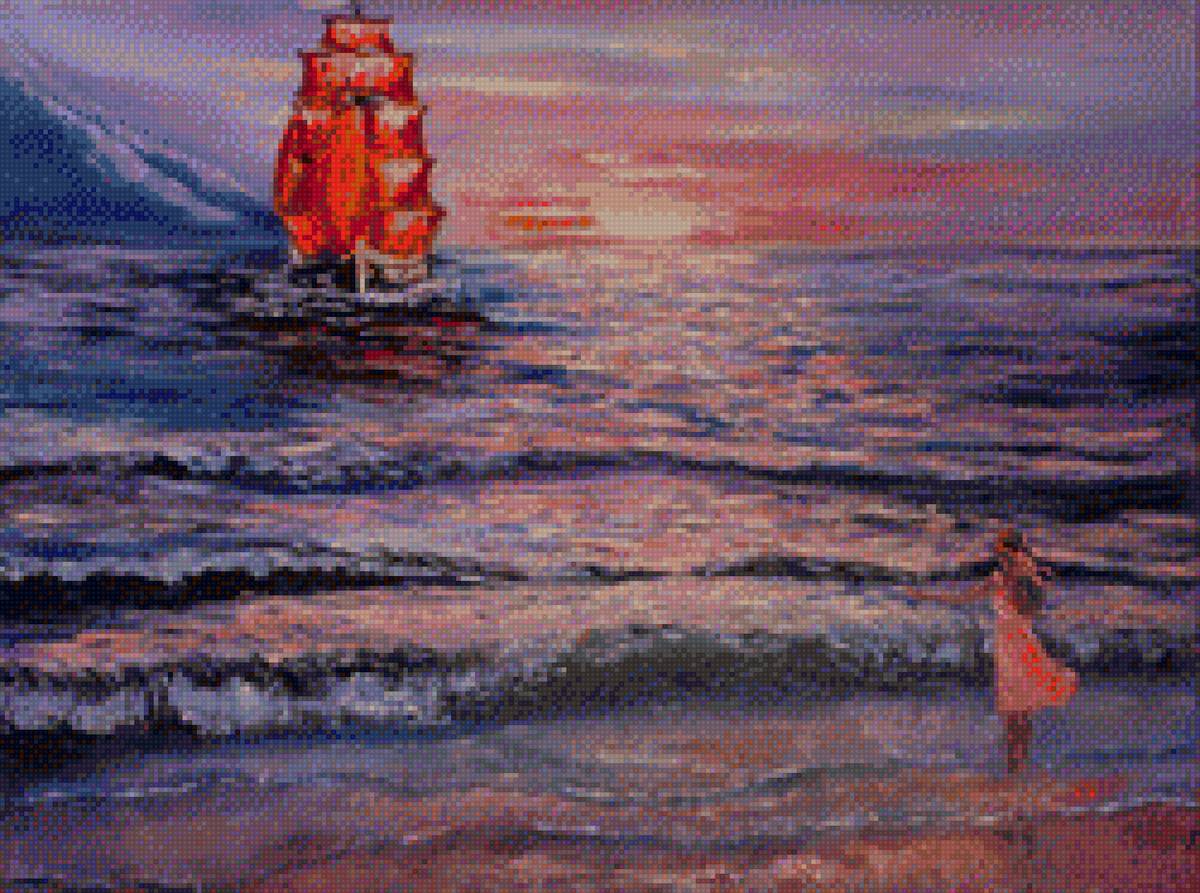 Ассоль - море, акварель, ассоль, алые паруса - предпросмотр