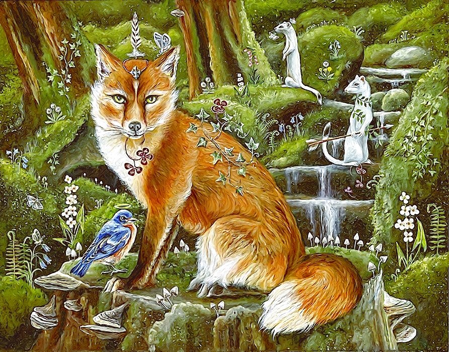 В сказочном лесу - лиса, птичка, фэнтези, лес, водопад - оригинал
