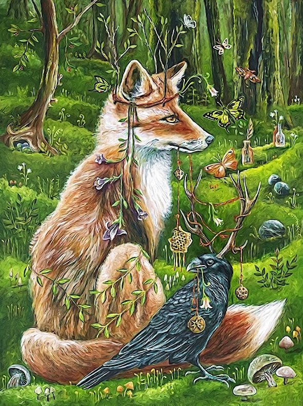 В сказочном лесу - птица, ворон, фэнтези, лиса, лес - оригинал