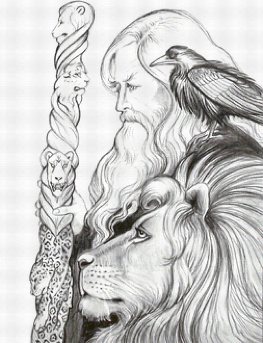 Маг - лев, рисунок карандашом, маг, графика, ворон - предпросмотр