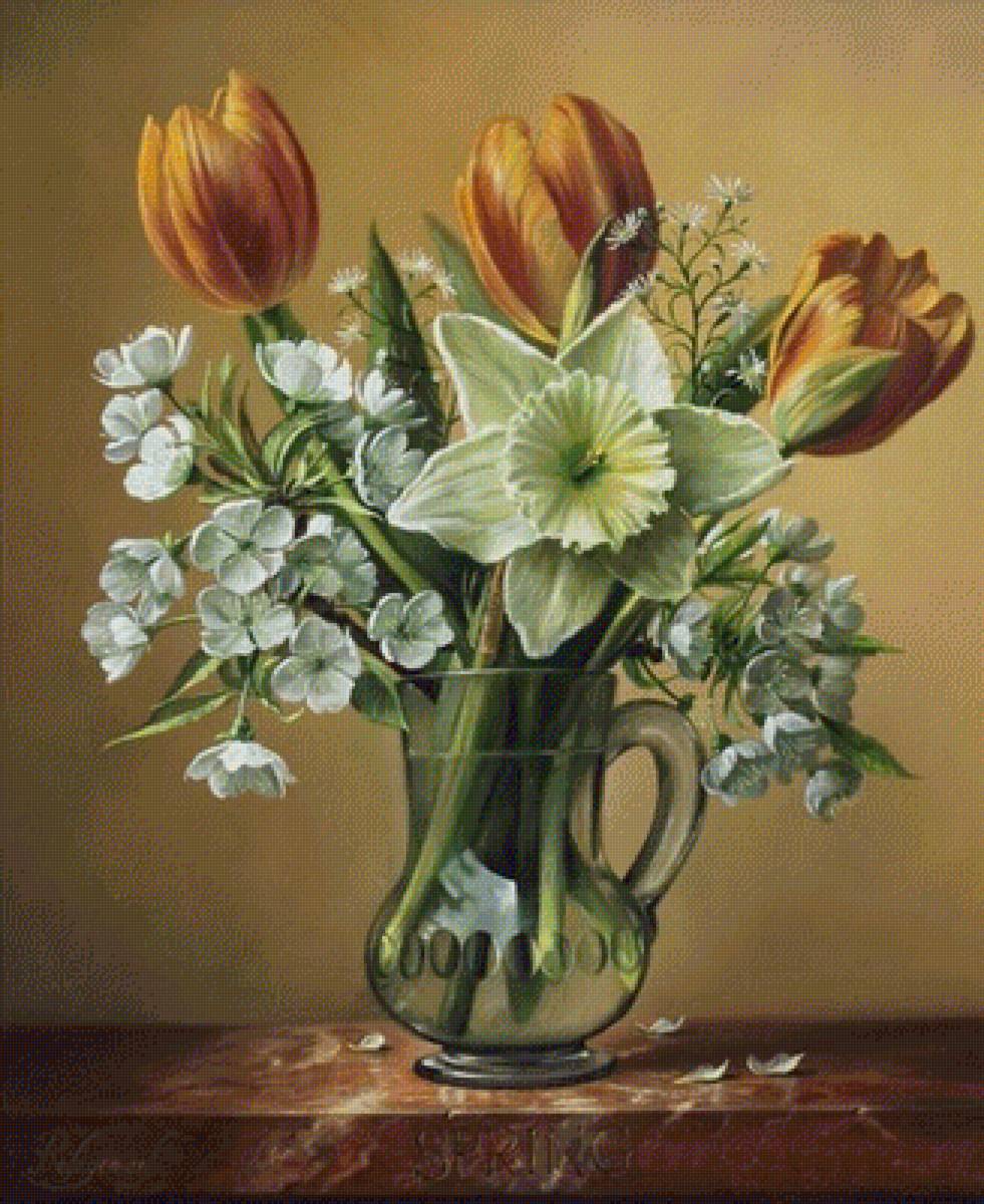 Весенний букет - натюрморт, цветы, букет, живопись, тюльпан, нарцисс - предпросмотр