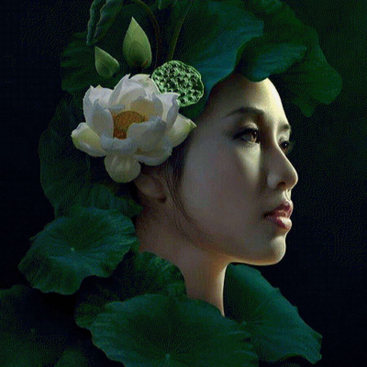 Девушка-Лотос большая - красивая восточная девушка, портрет, душа лотоса, цветок - предпросмотр