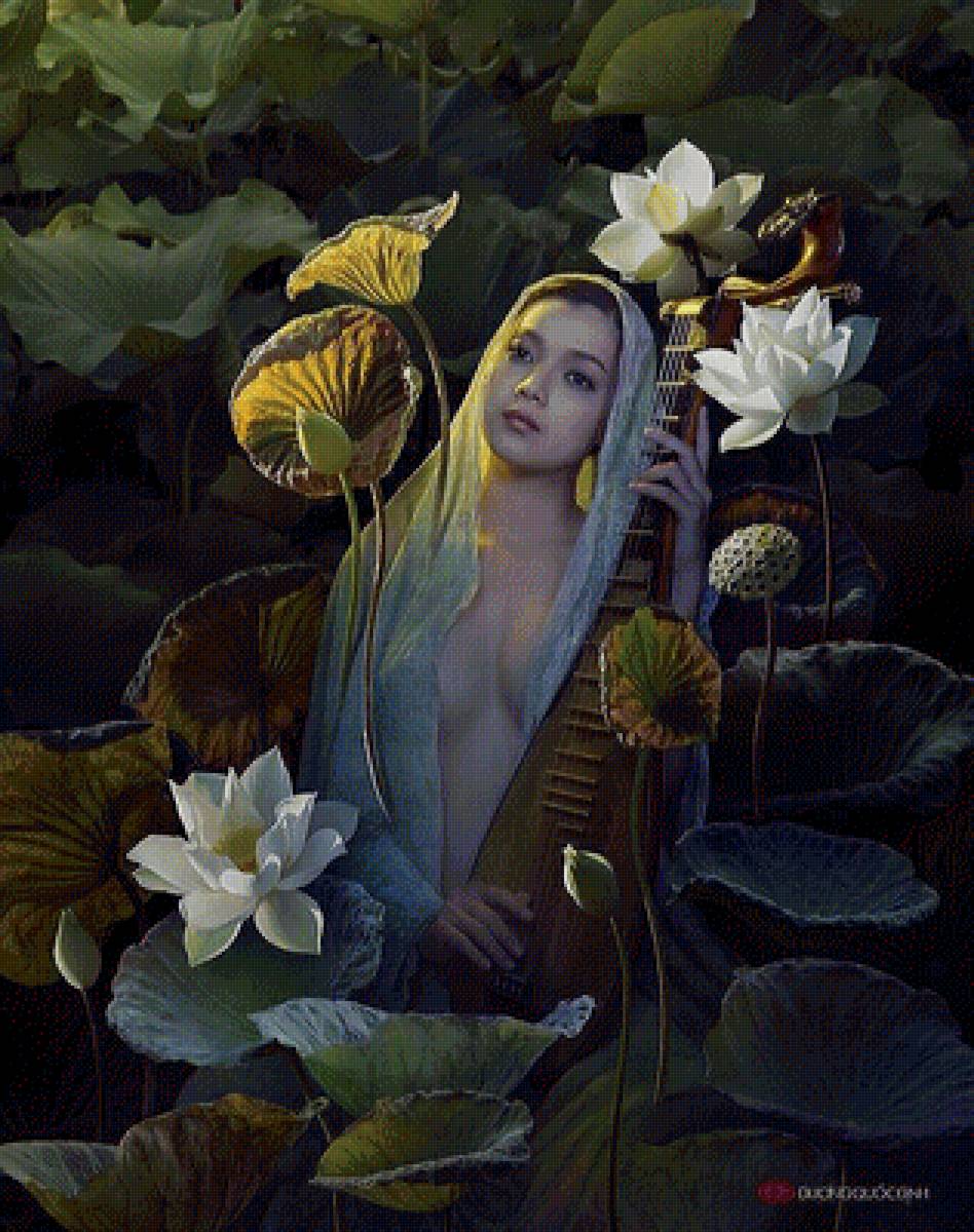 Восточная девушка в лотосах - цветок, душа лотоса, красивая восточная девушка, портрет - предпросмотр